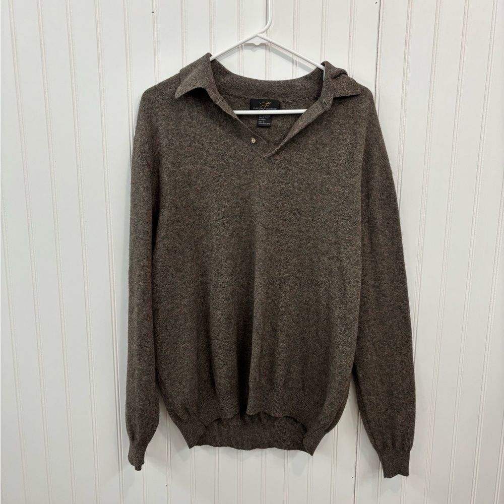 Pure 2 Ply Cashmere quarter button collared cashmere long sleeve brown Sweater